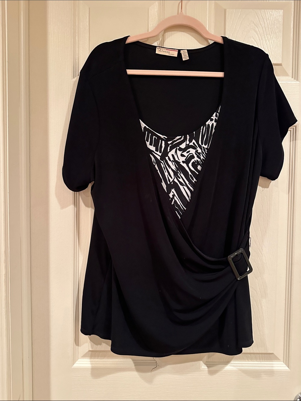 Choices Black Faux-Wrap Top with Black & White Printed Insert